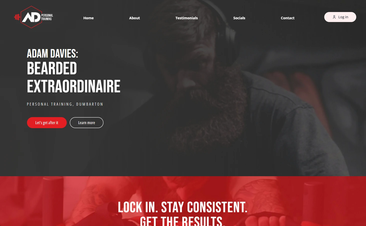 The AD Personal Training website on a desktop browser: the hero headline over a gym photo, with the main navigation and a call to action.