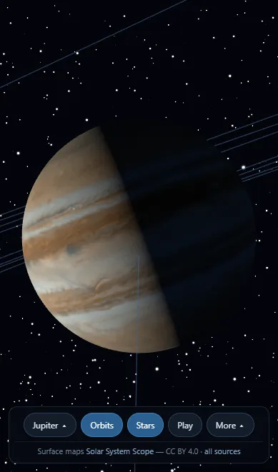 The Astra Creative solar system view on a phone: Jupiter half-lit by the Sun, its cloud bands and Great Red Spot visible, with orbit lines behind and compact controls for choosing a planet.