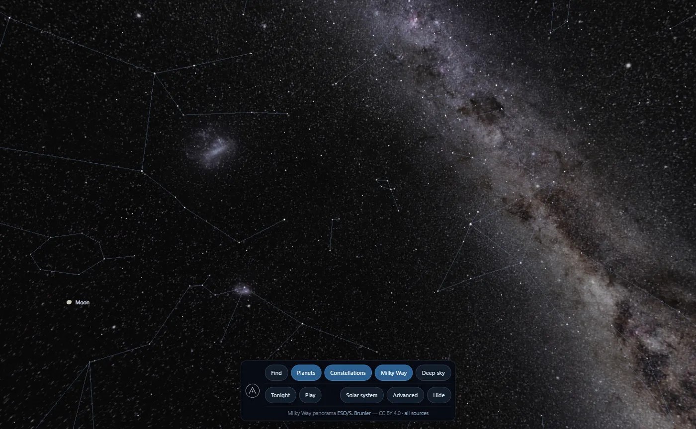 The Astra Creative sky view on a desktop browser: a night sky dense with stars, the Milky Way sweeping across the right-hand side, constellation lines joining the brighter stars, the Moon labelled, and a control bar for planets, constellations, Milky Way and deep-sky layers.